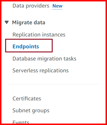 Picture showing the Endpoints menu in Migrate Data